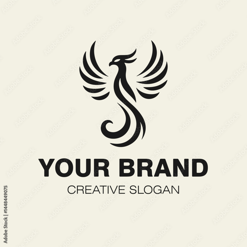 Phoenix bird, minimalistic logo, monochrome vector illustration isolated on light background. Phoenix bird, minimalistic logo, monochrome vector illustration isolated on light background.