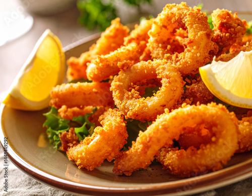 Un plato con apetitosos calamares rebozados y fritos a la romana junto a un trozo de limón
