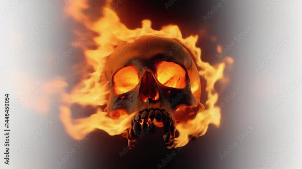 Neon color fiery skull head with fire and smoke glitter, footage, 4k Neon color fiery skull head with fire and smoke glitter, footage, 4k