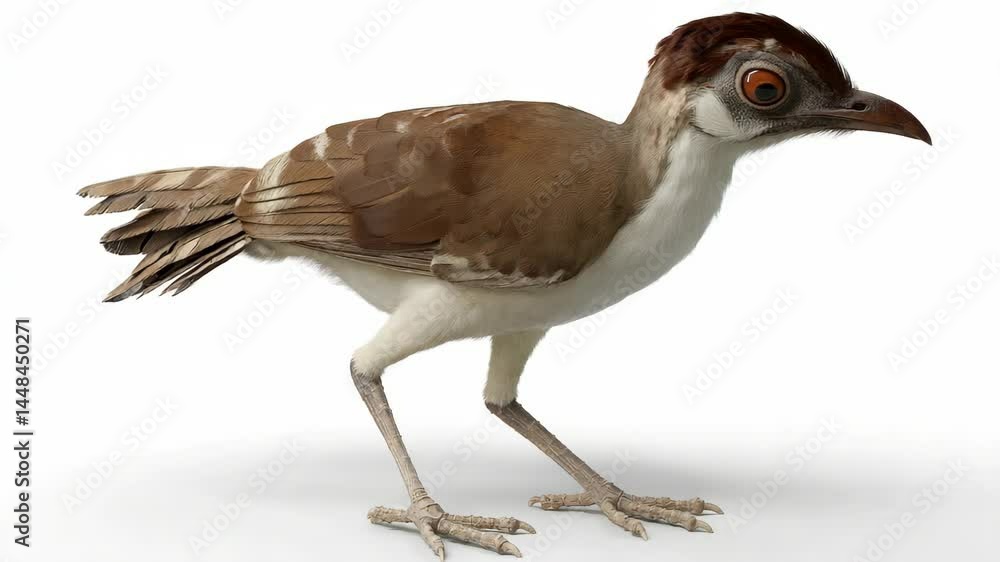 Detailed studio shot of an alert brown and white bird with orange eyes on a white background showcasing its unique features and plumage. Detailed studio shot of an alert brown and white bird with orange eyes on a white background showcasing its unique features and plumage.