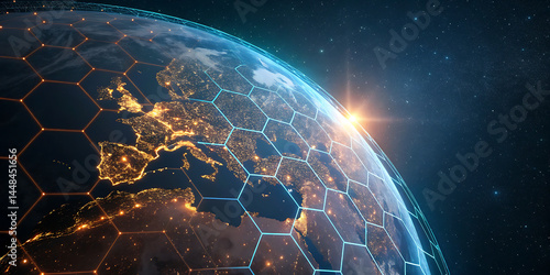 An illustration of Earth from space emphasizing the global network of communication, travel, and connections. 3D rendering.