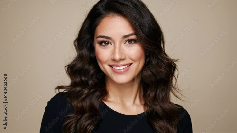 Smiling woman expressing joy against a neutral background Smiling woman expressing joy against a neutral background