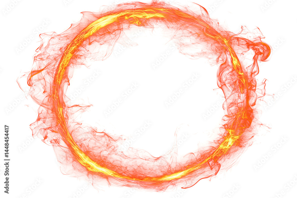 Translucent ring of fire flame on transparent background. Circle of orange fire. Flame forms a round frame. Design element. Modern style. Minimalism