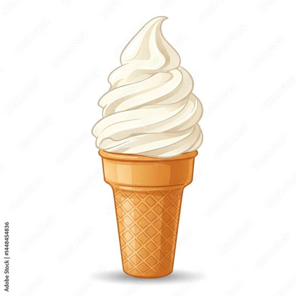 Vector illustration of a classic vanilla ice cream cone with waffle texture, soft serve swirl, isolated on white background, clean minimal design, commercial stock style Vector illustration of a classic vanilla ice cream cone with waffle texture, soft serve swirl, isolated on white background, clean minimal design, commercial stock style