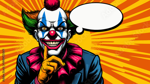 Creepy clown grinning with finger raised in Pop Art style dynamic background, empty speech bubble, party invitation poster