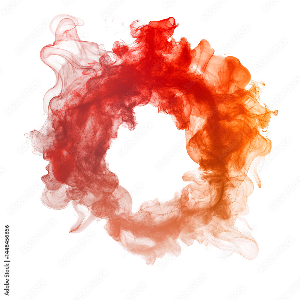 Circle of orange smoke on transparent background. smoke forms round frame. design element. ink. modern style. minimalism