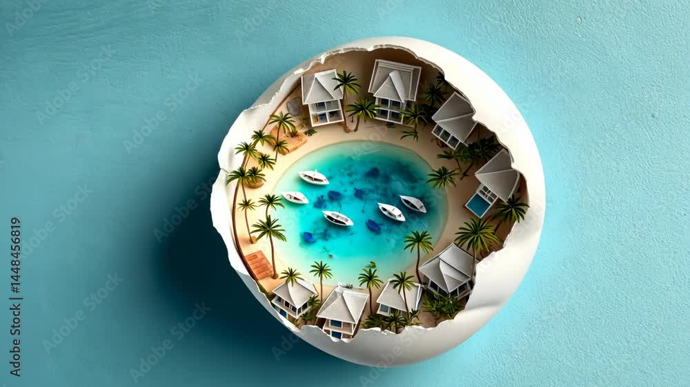 A unique art piece shows a tropical resort nestled inside a cracked egg, featuring sandy beaches and palm trees under clear skies A unique art piece shows a tropical resort nestled inside a cracked egg, featuring sandy beaches and palm trees under clear skies