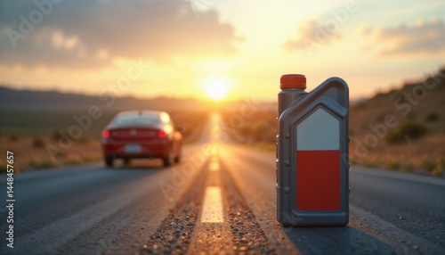 Oil canister on the road at sunset with car in the background  
