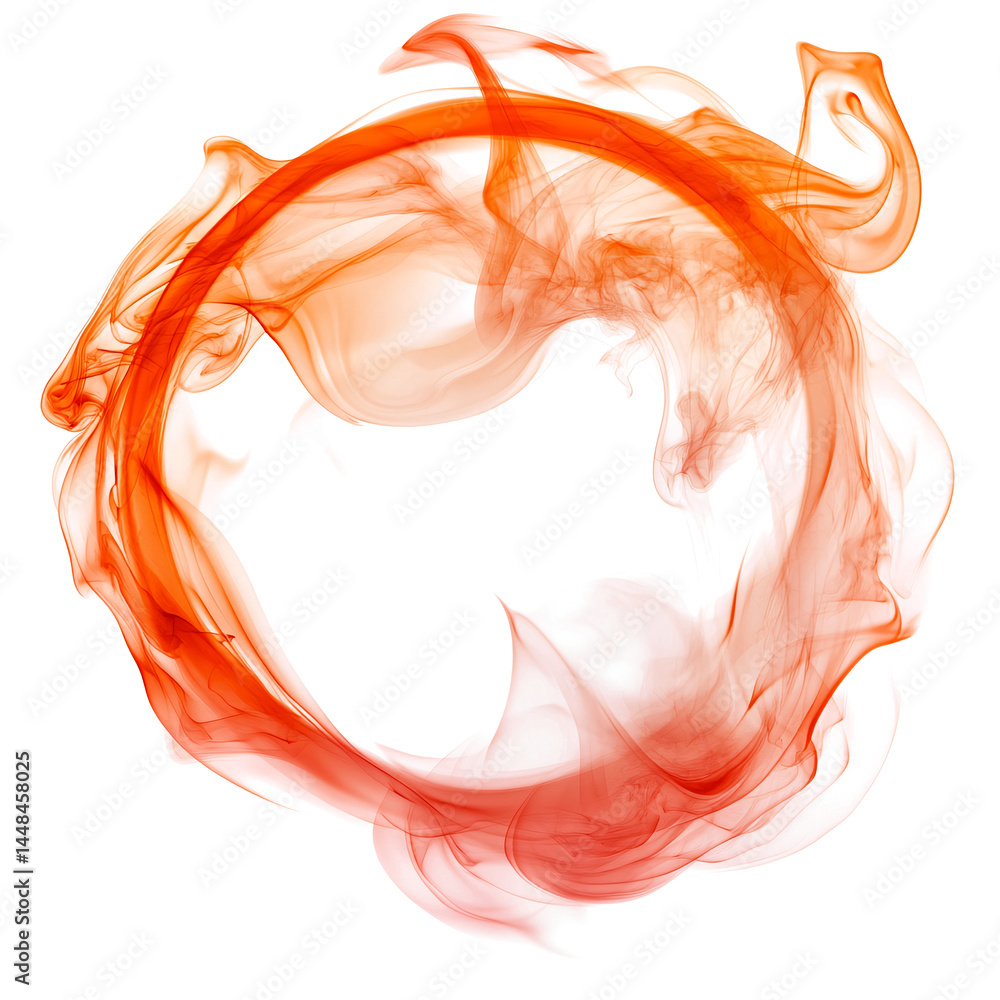 Circle of orange smoke on transparent background. smoke forms round frame. design element. ink. modern style. minimalism