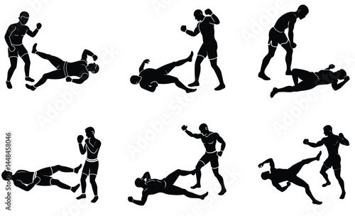 Boxer Knockout Moment Silhouette Vector Set – Powerful Impact, Final Blow, Boxing Finish Scene