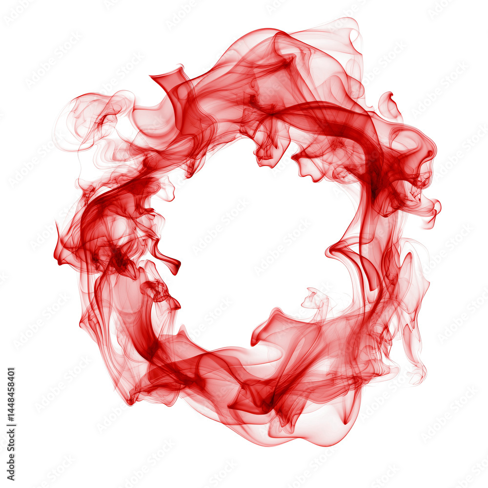 Circle of red smoke on transparent background. smoke forms round frame. design element. ink. modern style. minimalism