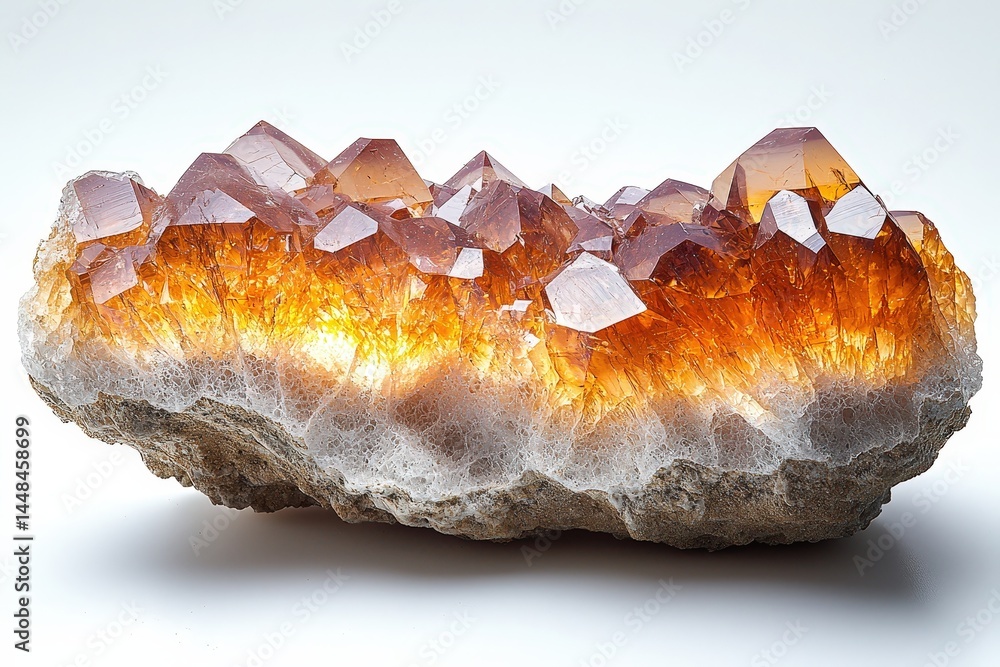 Obraz premium Vibrant citrine crystal cluster displaying natural geometric patterns and rich amber tones