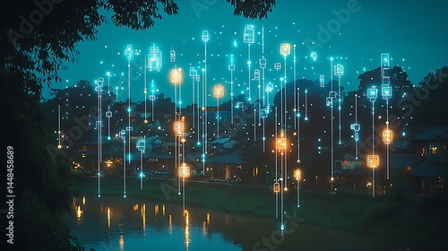 Wallpaper Mural Digital icons over a tranquil nocturnal village scene. Torontodigital.ca