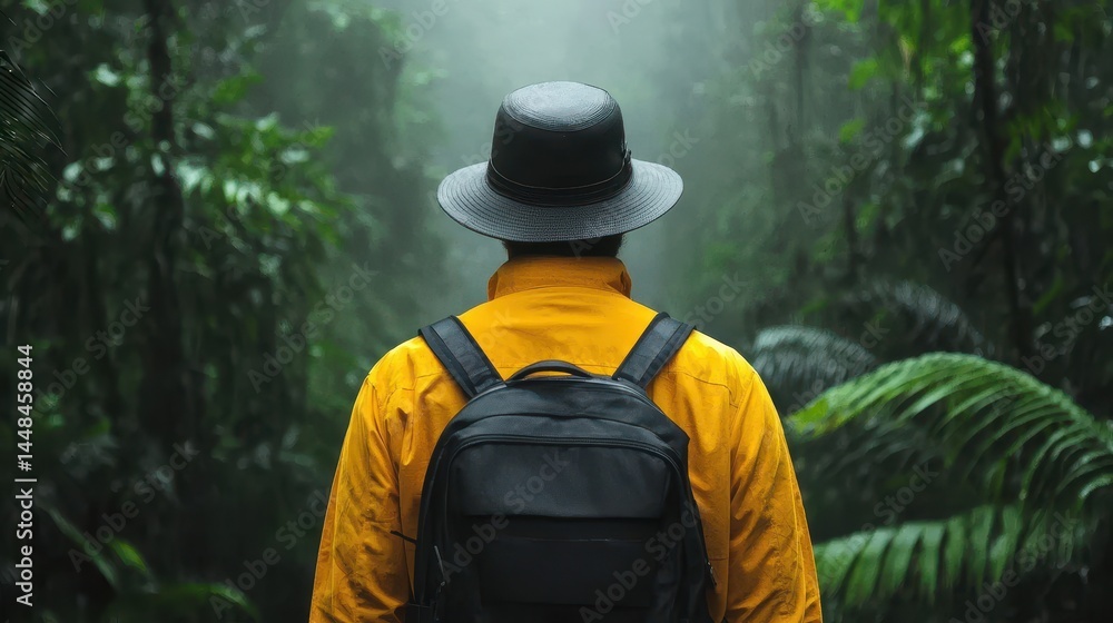 Traveler in Yellow Raincoat in Lush Green Forest Traveler in Yellow Raincoat in Lush Green Forest