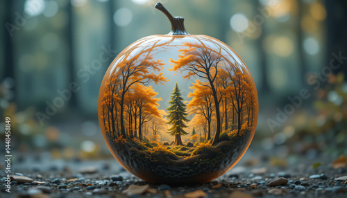 Magical pumpkin portal revealing miniature autumn forest scene in realistic style against natural outdoor setting