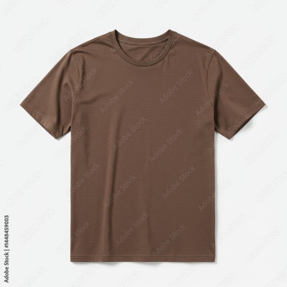A plain brown t shirt with short sleeves and a round neck displayed on a white background surface A plain brown t shirt with short sleeves and a round neck displayed on a white background surface