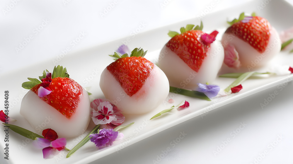 Delicate and Chewy Ichigo Daifuku with Strawberry Toppings and Edible Flowers Presentation Delicate and Chewy Ichigo Daifuku with Strawberry Toppings and Edible Flowers Presentation