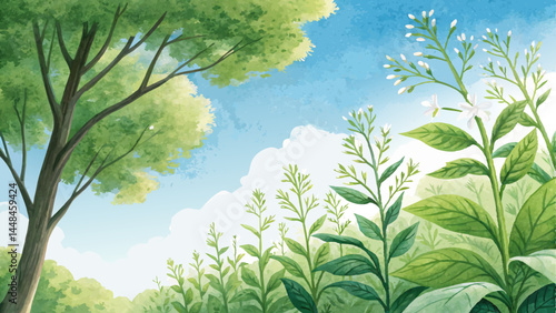  *Watercolor Tree Background – Lush Greens & Delicate Branches Under Blue Sky, Symbolizing Tobacco-Free Growth & Life with Copy Space*