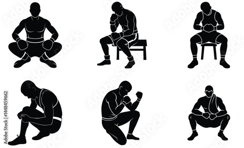 Boxer Sitting Pose Silhouette Vector Set – Fighting Stance, Athlete, Combat Sports Illustration

