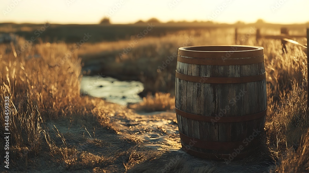 Rustic wooden barrel by a stream at golden hour. Rustic wooden barrel by a stream at golden hour.
