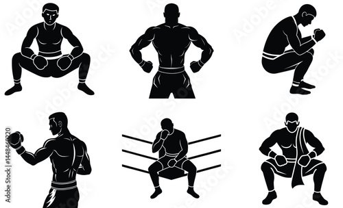 Boxer Pose Silhouette Vector Set – Fighting Stance, Athlete, Combat Sports Illustration
