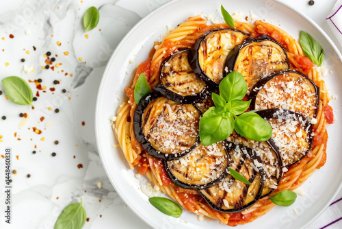 pasta alla norma with eggplant, top view