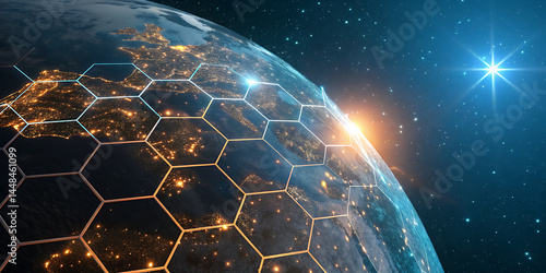 An illustration of Earth from space emphasizing the global network of communication, travel, and connections. 3D rendering.