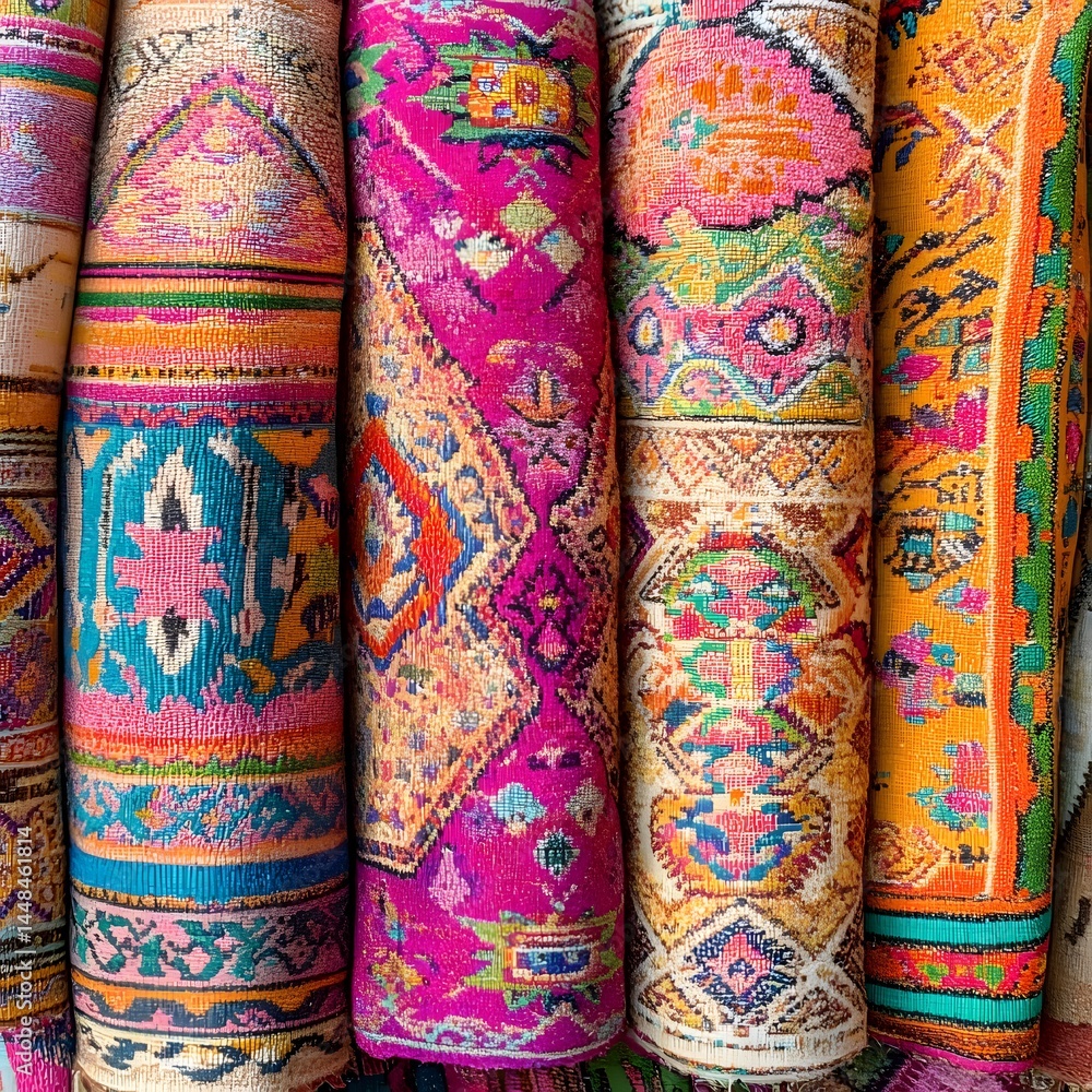 Vibrant Rolled Rugs Colorful Ethnic Pattern Textile Vibrant Rolled Rugs Colorful Ethnic Pattern Textile