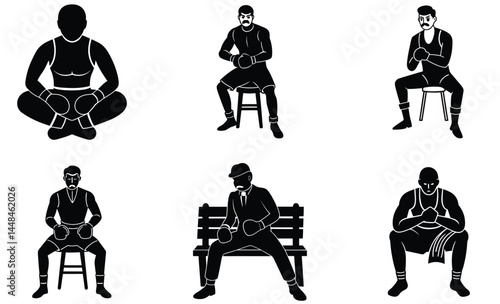 Boxer Sitting Pose Silhouette Vector Set – Fighting Stance, Athlete, Combat Sports Illustration

