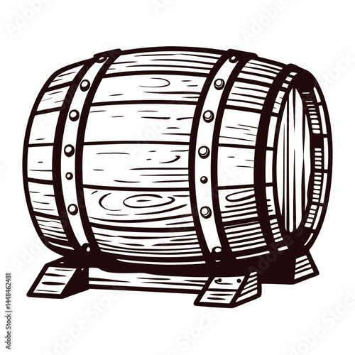 Vintage wooden barrel with metal bands in rustic for storage and fermentation.