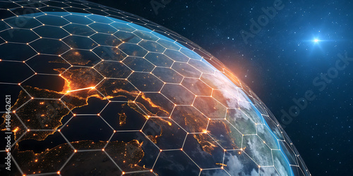 An illustration of Earth from space emphasizing the global network of communication, travel, and connections. 3D rendering.