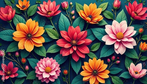 Intricate floral pattern, vibrant blooms, lush leaves , illustration, botany