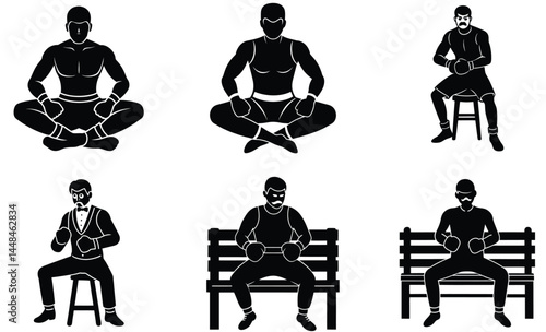 Boxer Sitting Pose Silhouette Vector Set – Fighting Stance, Athlete, Combat Sports Illustration

