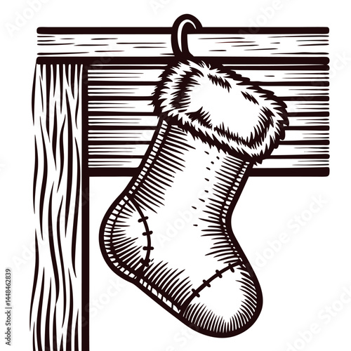 Rustic christmas stocking hanging on wooden fireplace mantel sketch.