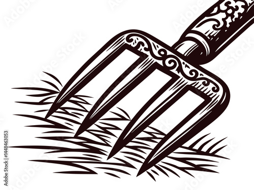 Vintage hand fork cultivating soil with ornate wooden handle design forming artistic patterns.