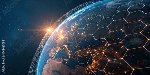 An illustration of Earth from space emphasizing the global network of communication, travel, and connections. 3D rendering.