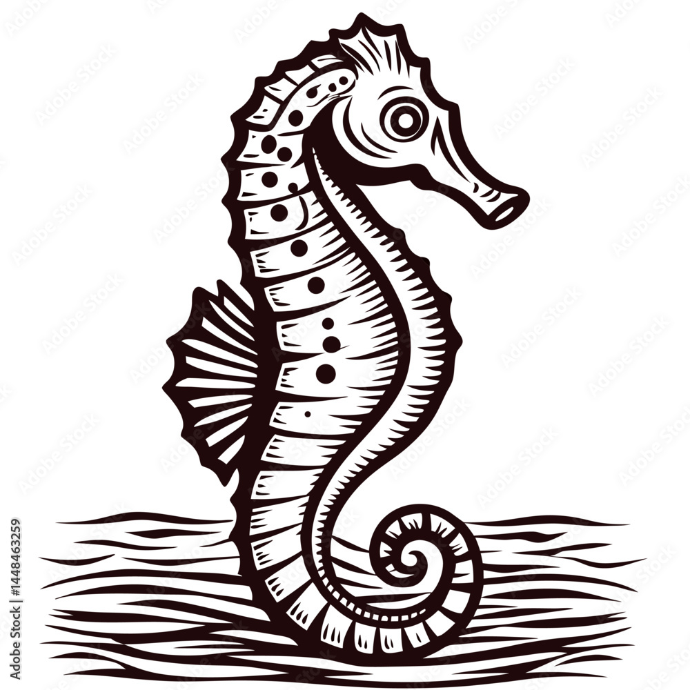 Fototapeta premium Intricate black and white seahorse with detailed patterns.