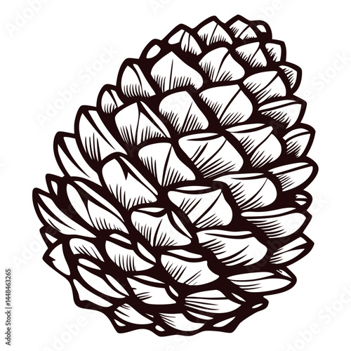 Detailed black and white pinecone with intricate patterns.