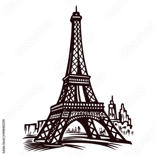 Detailed sketch of the eiffel tower with urban background elements.