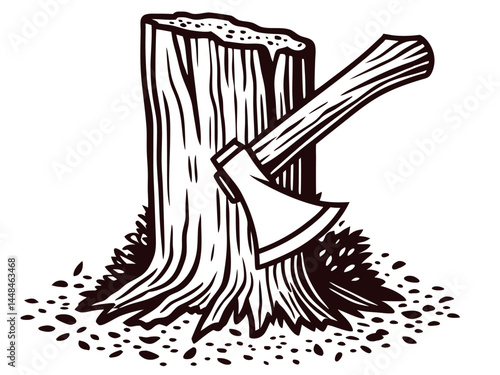 Axe embedded in tree stump with chopped wood and sawdust surrounding.