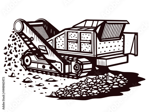 Industrial excavator clearing rocks on construction site.