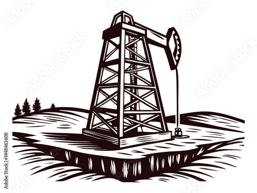 Oil rig in rural landscape with clear sky and trees in the distance.
