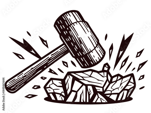 Wooden mallet breaking rocks with dynamic fragments exploding outward in vintage line art.