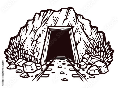 Entrance to abandoned mine tunnel in rocky terrain with overgrown vegetation.