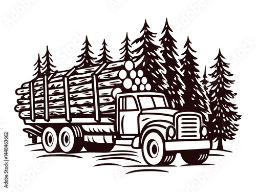 Wooden logging truck driving through dense forest with pine trees, transporting large timber logs for industrial use.