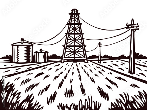 Rural landscape with oil rig and storage silos in a field of wheat.