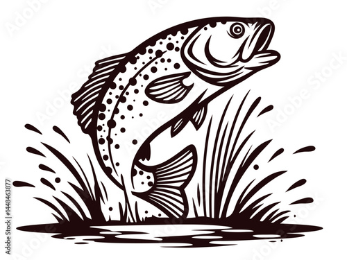 Jumping trout in dynamic aquatic environment with splashes and grass.