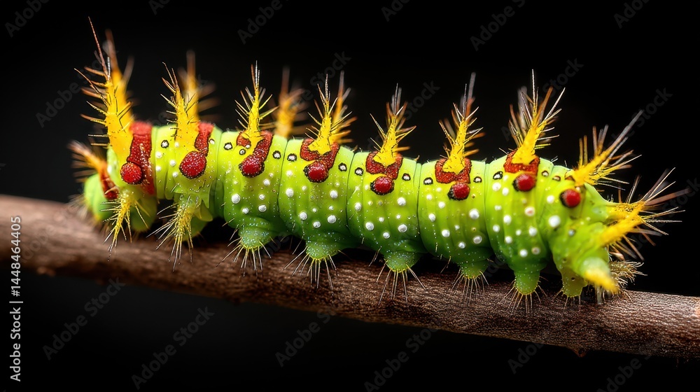 Naklejka premium Exotic Caterpillar on Twig: Vibrant Nature Detail