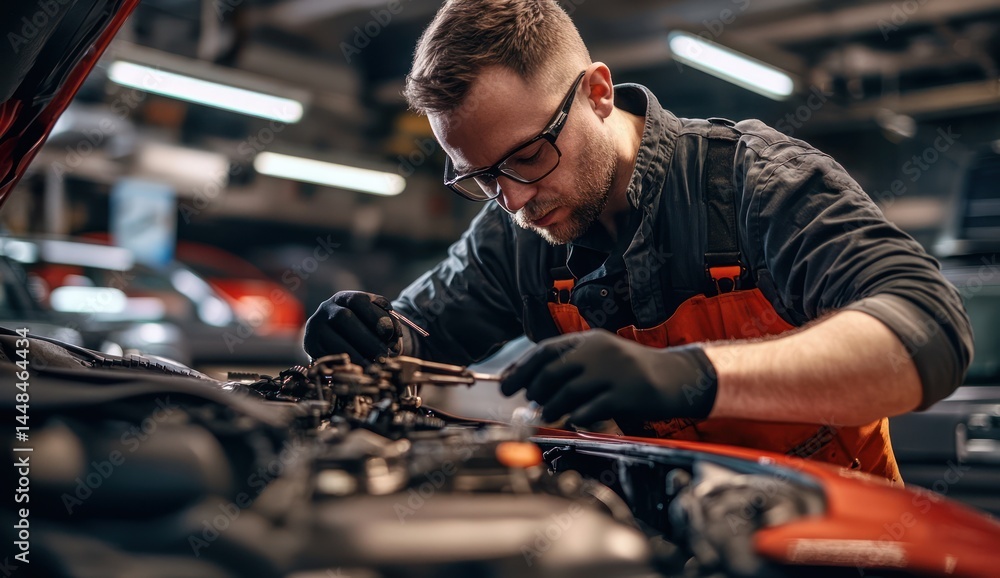 Focused Auto Mechanic Repairing a Car Engine Focused Auto Mechanic Repairing a Car Engine