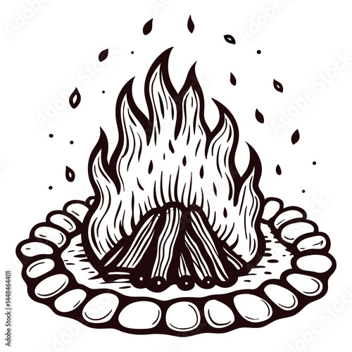 Wooden campfire burning with falling embers in circular stone ring.